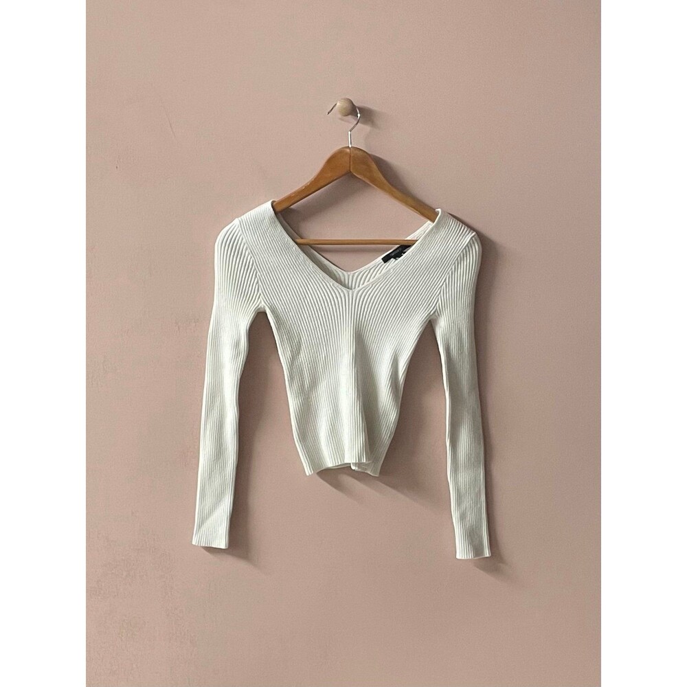 Forever 21 White Long Sleeve Ribbed V-Neck Crop Top Size S GUC